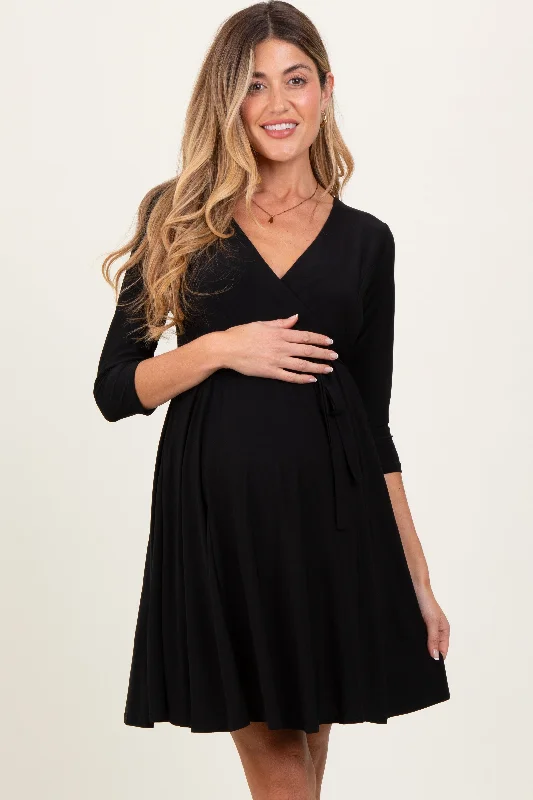 Innovate Your Wardrobe Black 3/4 Sleeve Maternity/Nursing Sash Tie Wrap Dress