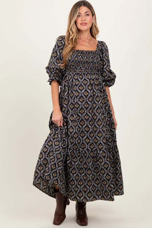 Discount Extravaganza Black Damask Print Smocked Maternity Maxi Dress