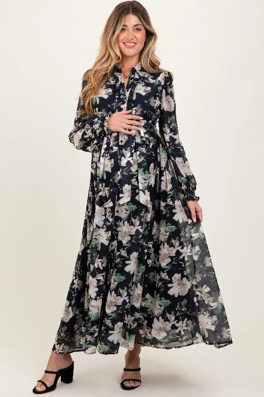 Unleash Your Fashion Black Floral Chiffon Ruffle Accent Button Down Maternity Maxi Dress