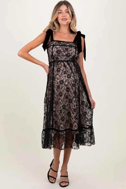 Seasonal Sale Black Floral Lace Velvet Tie Strap Maternity Midi Dress