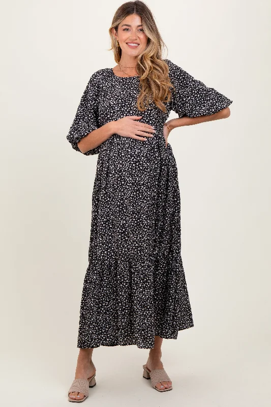 Budget Friendly Fashion Black Floral Puffed Short Sleeve Maternity Maxi Dress