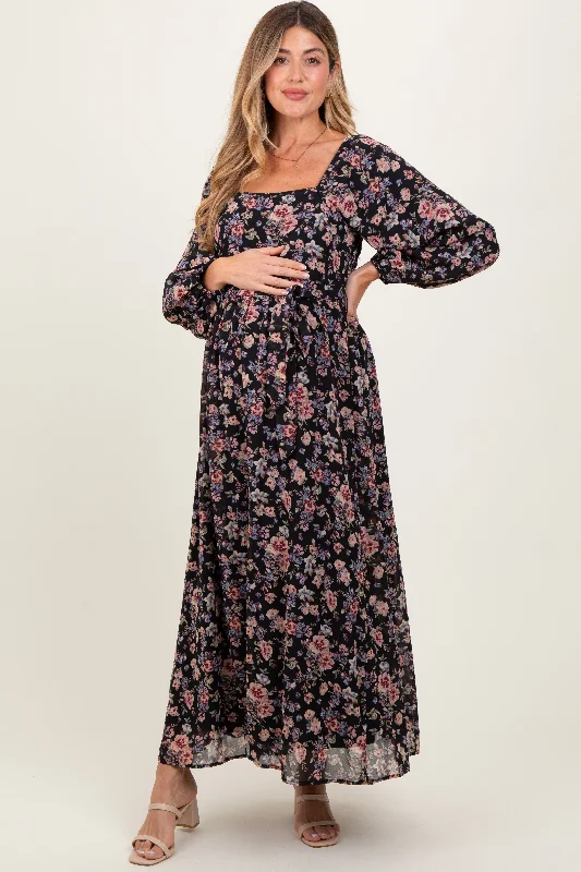 Budget Friendly Black Floral Square Neck Front Tie Maternity Midi Dress