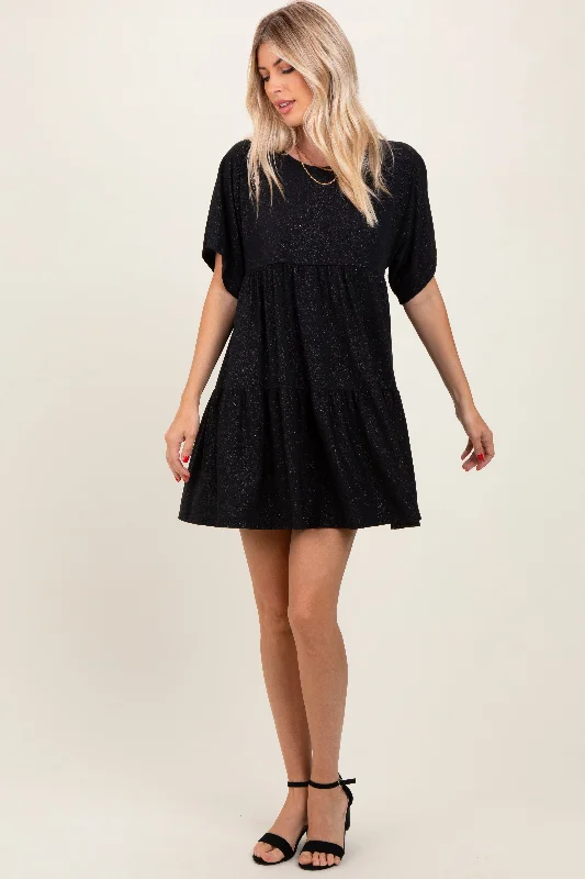 Spring Fashion Black Glitter Flutter Sleeve Tiered Dress