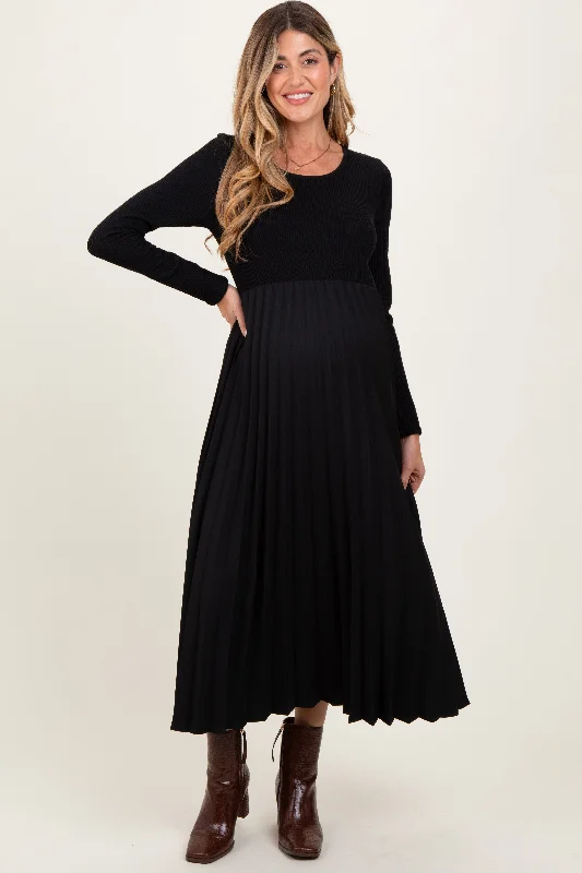 Unbeatable Prices Black Knit Contrast Pleated Skirt Maternity Midi Dress