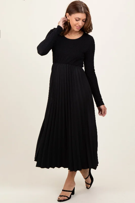 Big Savings Black Knit Contrast Pleated Skirt Midi Dress