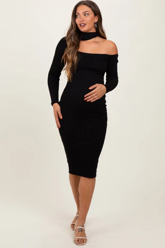 Don't Miss Out Black Mock Neck Cutout Maternity Fitted Midi Dress