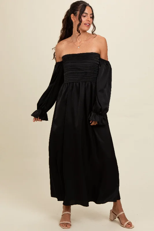 Ride The Style Wave Black Off Shoulder Satin Pleated Bodice Maxi Dress