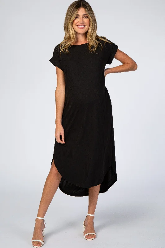 Attire Sale Black Ribbed Curved Hem Maternity Midi Dress