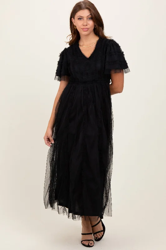 Redefining Women's Fashion Black Ruffle Accent Mesh Overlay Maxi Dress