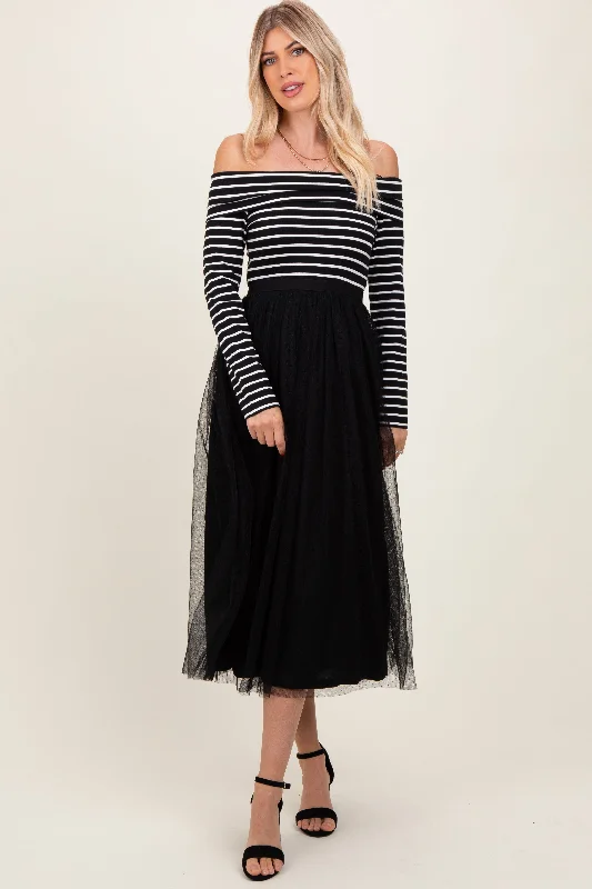 Crazy Price Slashing Black Striped Off Should Contrast Knit Mesh Maxi Dress