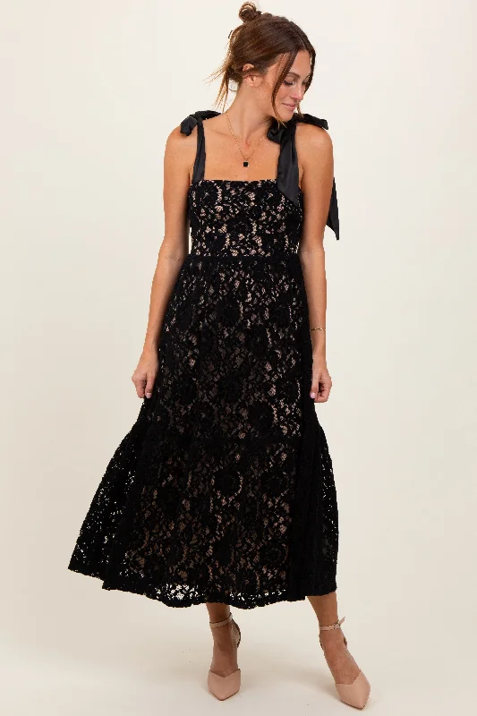 Trendy Attire For Her Black Velvet Lace Shoulder Bow Maxi Dress