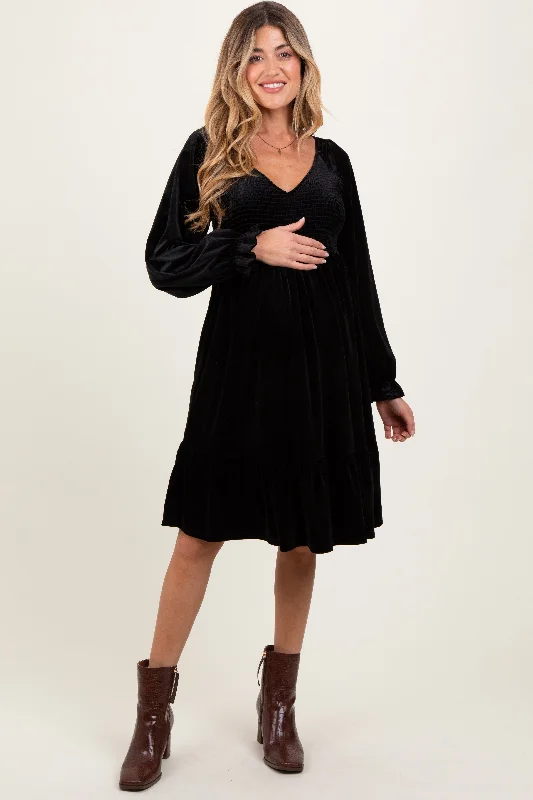 Hot Brand Discounts Black Velvet Smocked Maternity Long Sleeve Dress