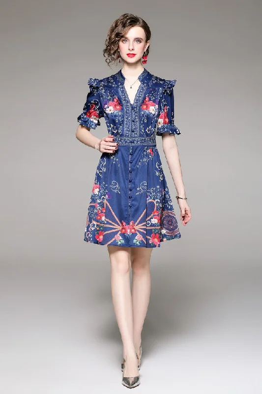 Huge Price Cut Blue & Multicolor Floral Print Day A-line V-neck Elbow Sleeve Above Knee Dress