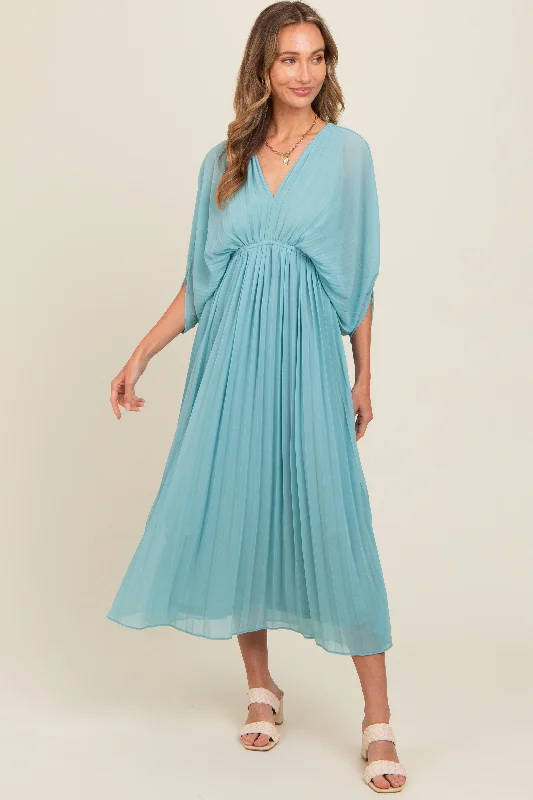 Hot Styles Blue Pleated V Neck Maxi Dress