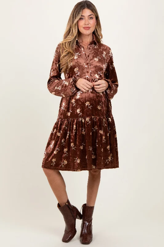 Style Your Wardrobe Brown Floral Velvet Button Down Maternity Midi Dress