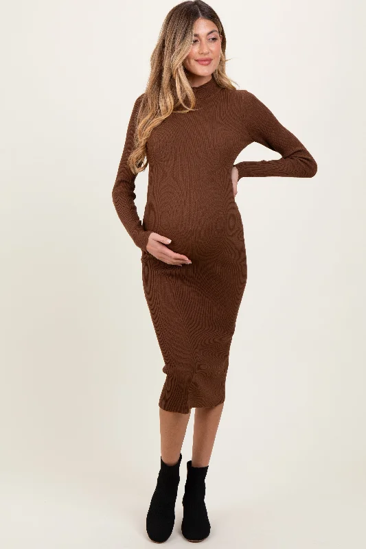 Fashion Forward Brown Mock Neck Fitted Ribbed Knit Maternity Midi Dress