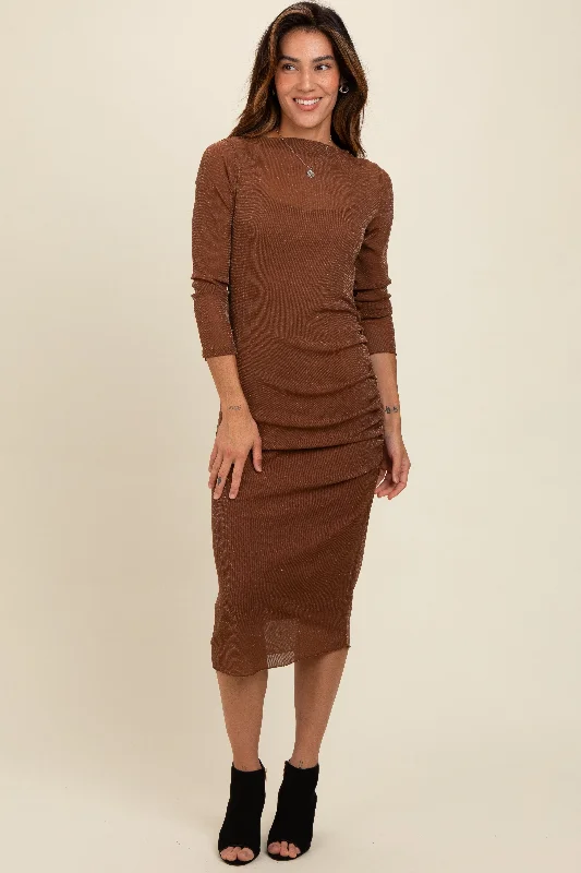 Everyday Basics Brown Shimmer Mesh Long Sleeve Ruched Midi Dress