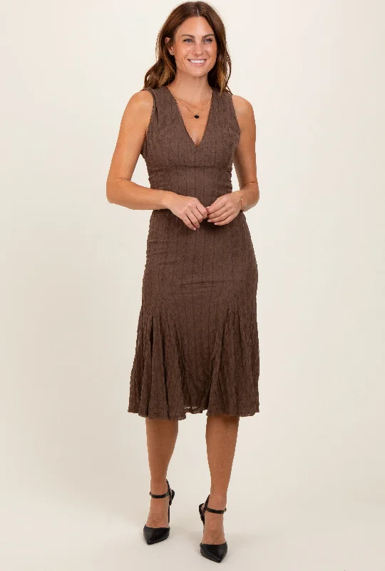 Stylish Spring Fashion Brown Textured V-Neck Midi Dress