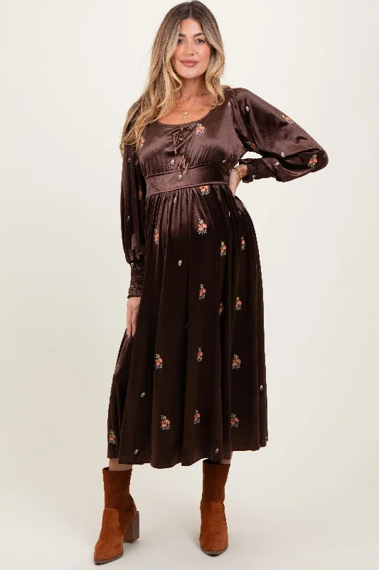 Mid - Week Surprise Brown Velvet Embroidered Floral Maternity Midi Dress