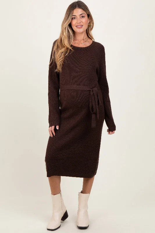 Elevate Your Wardrobe Brown Waffle Knit Sash Tie Maternity Midi Sweater Dress