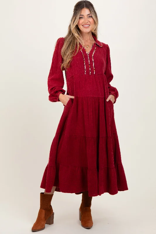 Summer Splash Sale Burgundy Cotton Gauze Long Sleeve Tiered Maternity Midi Dress