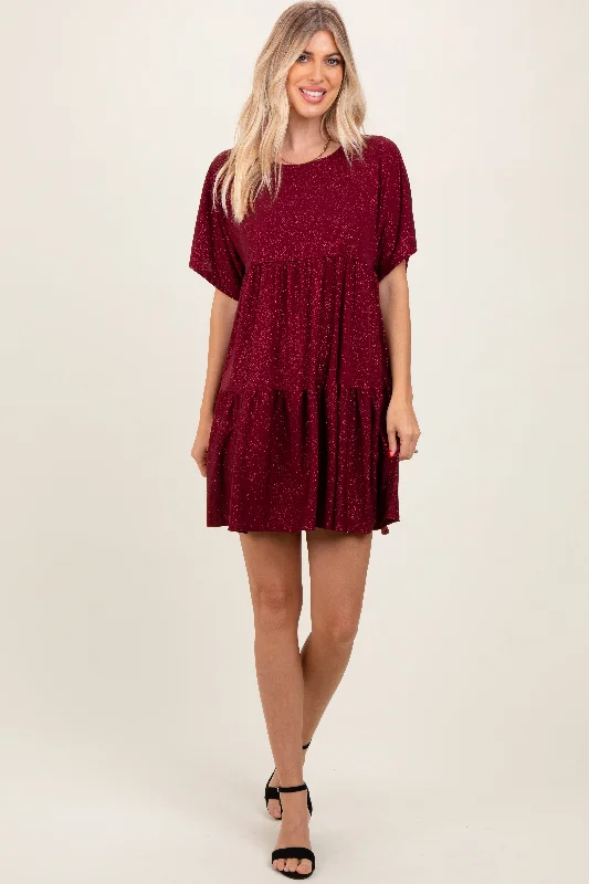 End Of Season Sale Burgundy Glitter Flutter Sleeve Tiered Dress