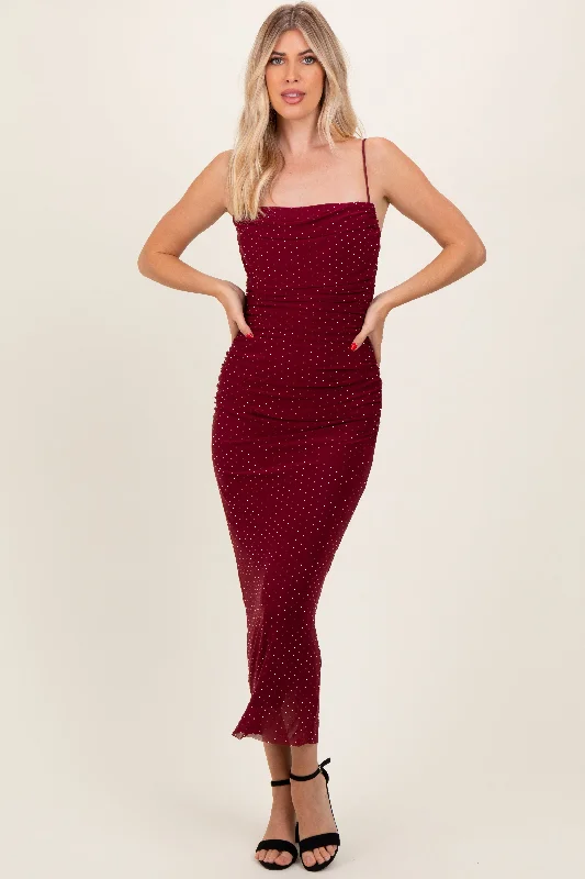 Flash Sale Starts Burgundy Rhinestone Fitted Ruched Maxi Dress