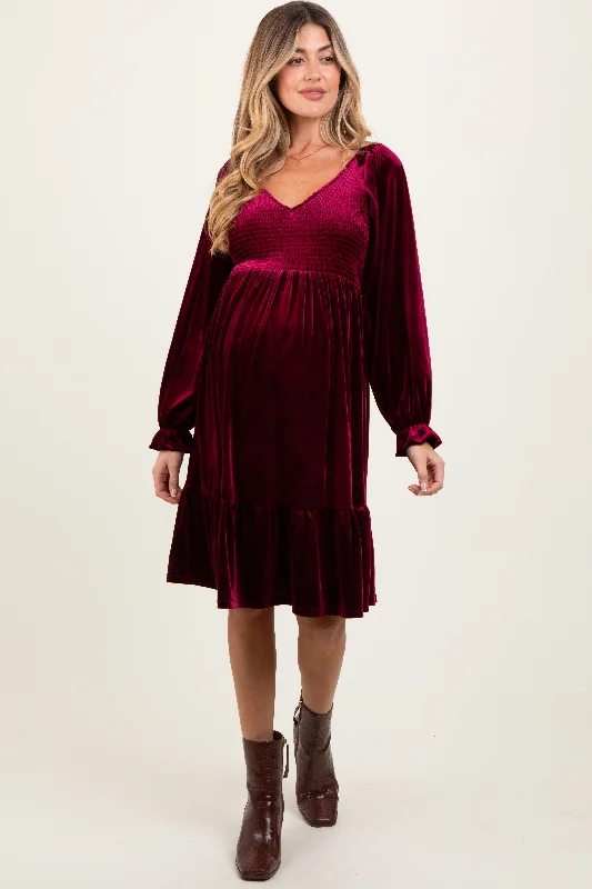 Catch Every Fashion Trend Burgundy Velvet Smocked Maternity Long Sleeve Dress