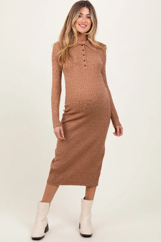 Style Upgrade Camel Cable Knit Button Up Maternity Midi Dress