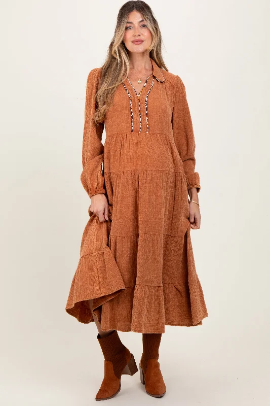 Mother's Day Special Camel Cotton Gauze Long Sleeve Tiered Maternity Midi Dress