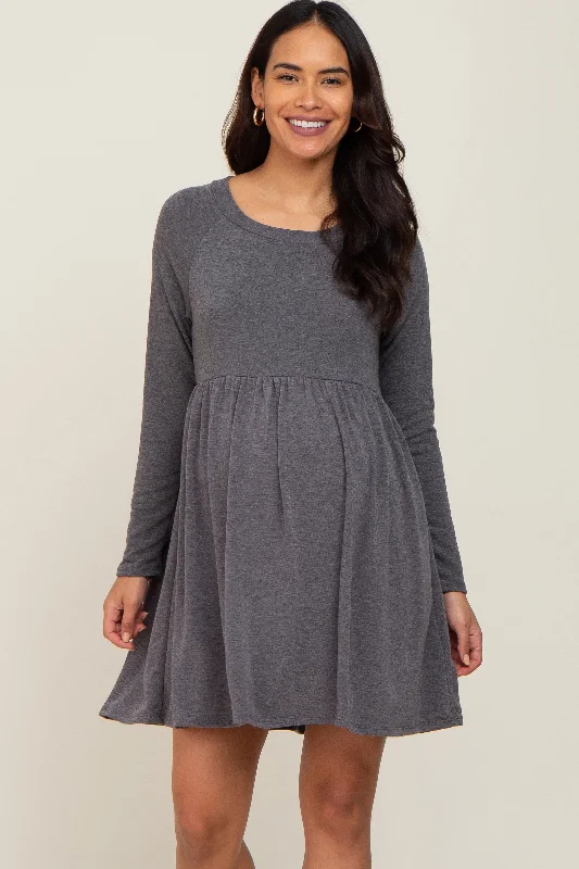 Limited Time Flash Sale Charcoal Heathered Long Sleeve Maternity Dress