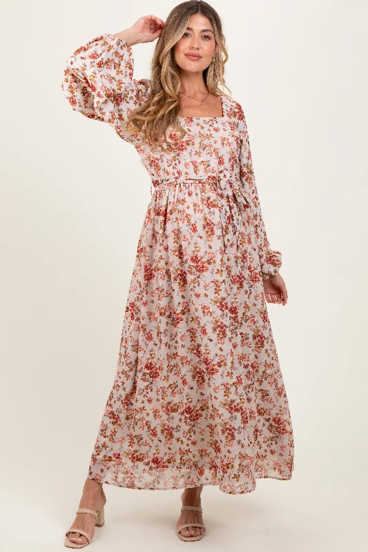 Discover Now Cream Floral Square Neck Front Tie Maternity Midi Dress