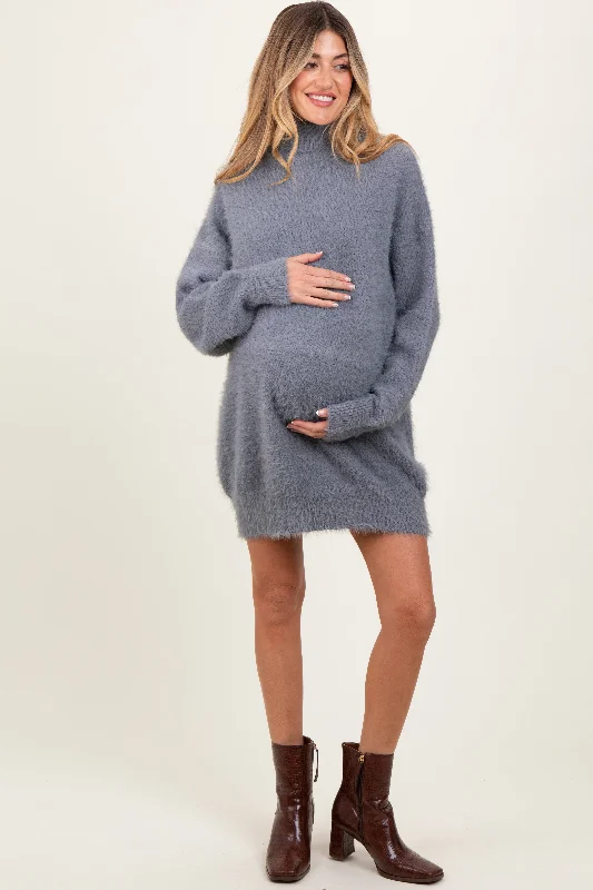 Hot Deals Cream Fuzzy Knit Turtleneck Maternity Sweater Mini Dress