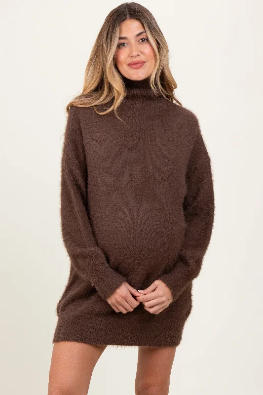 Trend Forward Women's Wear Cream Fuzzy Knit Turtleneck Maternity Sweater Mini Dress