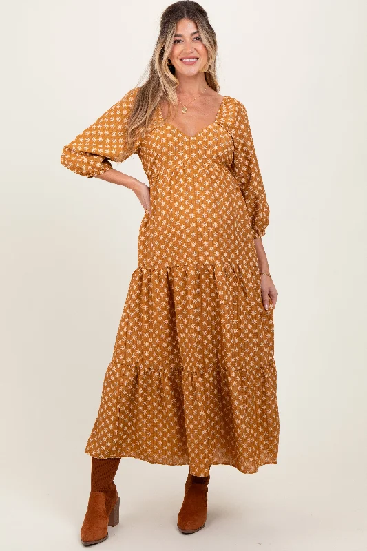 Stylish Savings Dark Yellow Floral Long Sleeve Tiered Maternity Maxi Dress