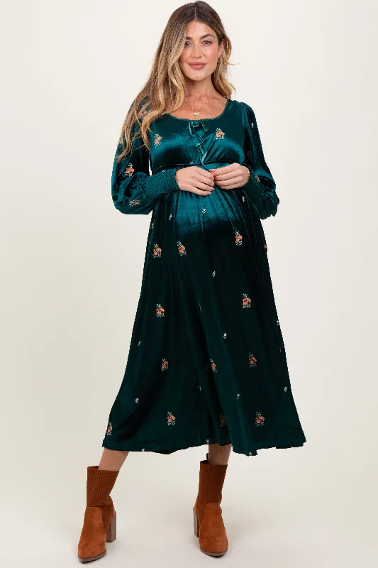 Summer Fashion Deep Teal Velvet Embroidered Floral Maternity Midi Dress