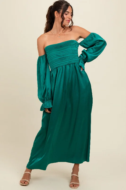 Trendy Clothing Sale Emerald Green Off Shoulder Satin Pleated Bodice Maxi Dress