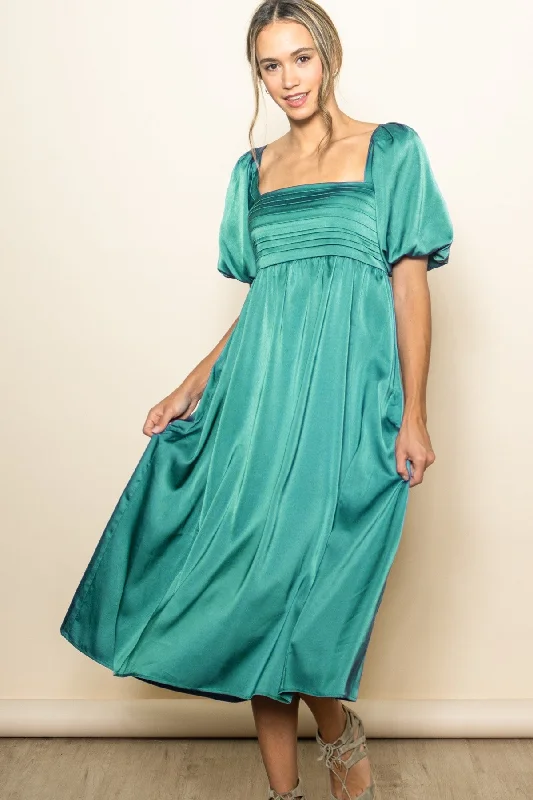 Catch Every Fashion Trend Emerald Green Satin Pleated Bodice Puff Sleeve Midi Dress