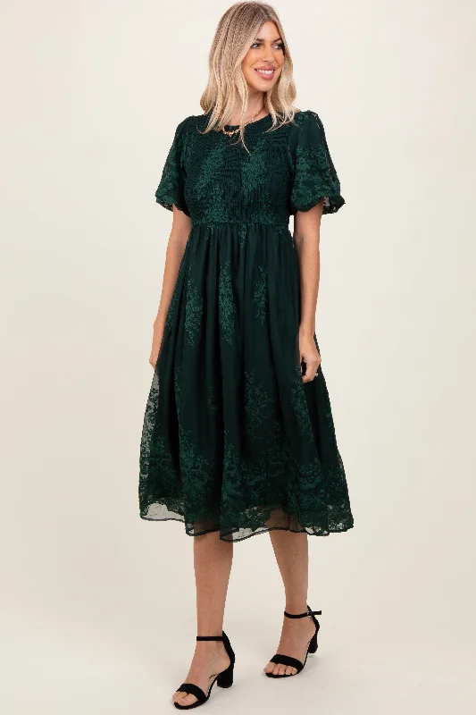 Seasonal Picks Forest Green Floral Lace Smocked Midi Dress