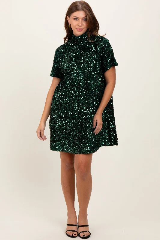 Final Sale Forest Green Sequin Mock Neck Tie Back Dress