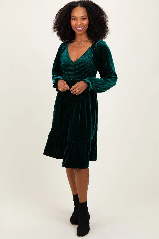 Huge Savings On Parisian Styles Forest Green Velvet Smocked Long Sleeve Dress