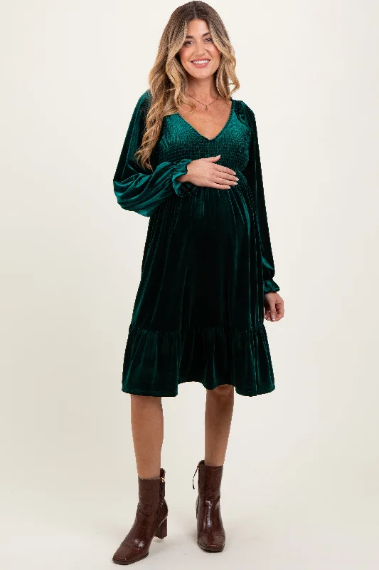 Buy More, Save More Forest Green Velvet Smocked Maternity Long Sleeve Dress