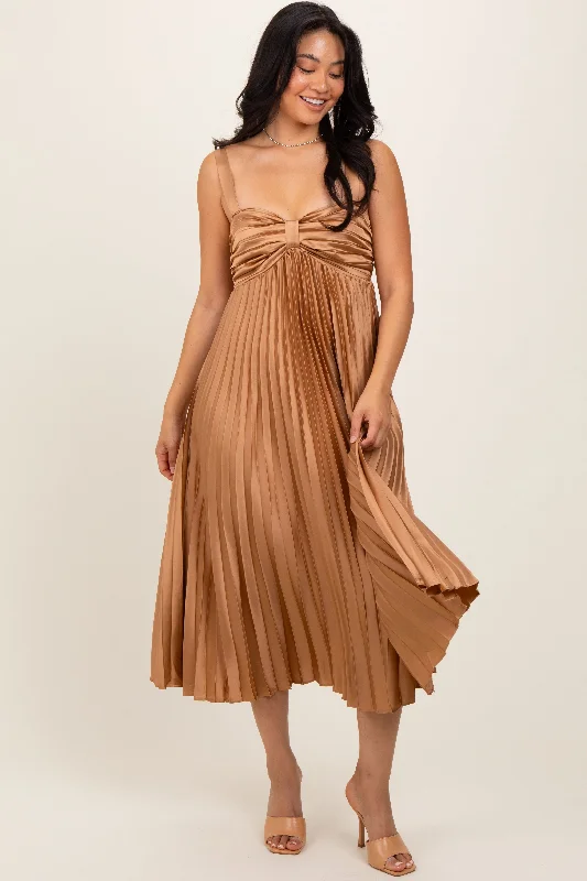 Get The Latest Trends Gold Satin Pleated Sweetheart Midi Dress