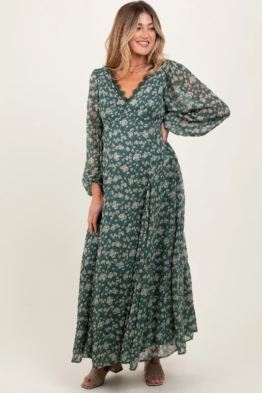 Flash Deals Green Floral Chiffon Lace Trim Back Tie Maternity Maxi Dress