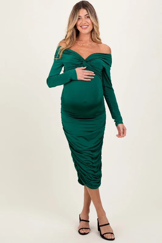 Seasonal Style Discounts Green Off Shoulder Ruched Long Sleeve Maternity Midi Dress