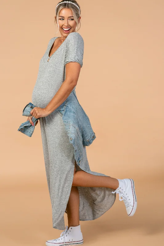 Shop Our Looks Grey Solid Short Sleeve Maternity Maxi Dress