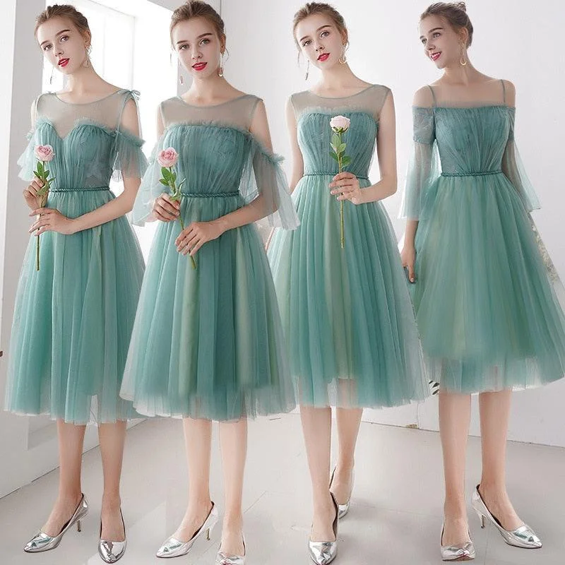 Chic & Cozy Apparel Knee Length O Neck Green Appliques Lace Shorter Sleeve A-line Bridesmaid Dresses