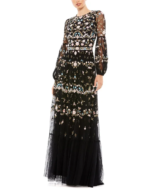 Comfortable Chic Mac Duggal Embroidered High Neck Illusion Sleeve Tiered Gown