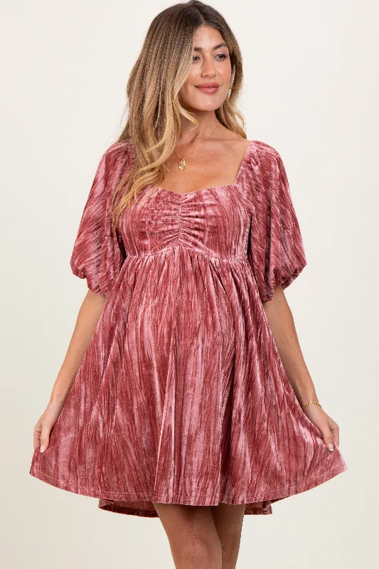 Lighten Up With Nordic Styles Mauve Crushed Velvet Puff Sleeve Maternity Mini Dress