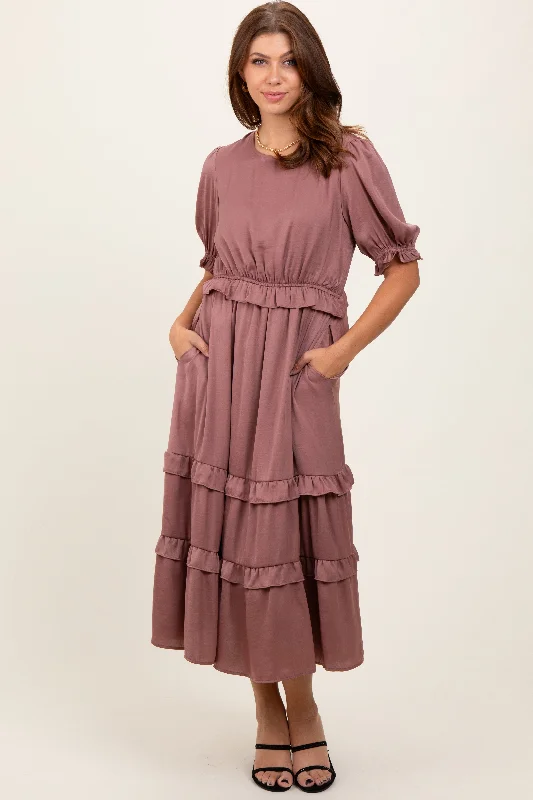 Flash Sale, Don't Miss Mauve Satin Ruffle Trim Midi Dress